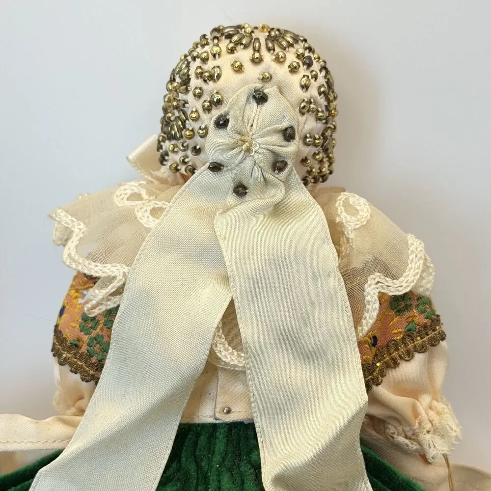 Vintage Bebe Breton French Celluloid Doll Green Velvet Dress Beaded Bonnet Lace